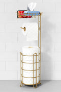 Gold freestanding toilet paper holder stand with top shelf for phone and extra rolls