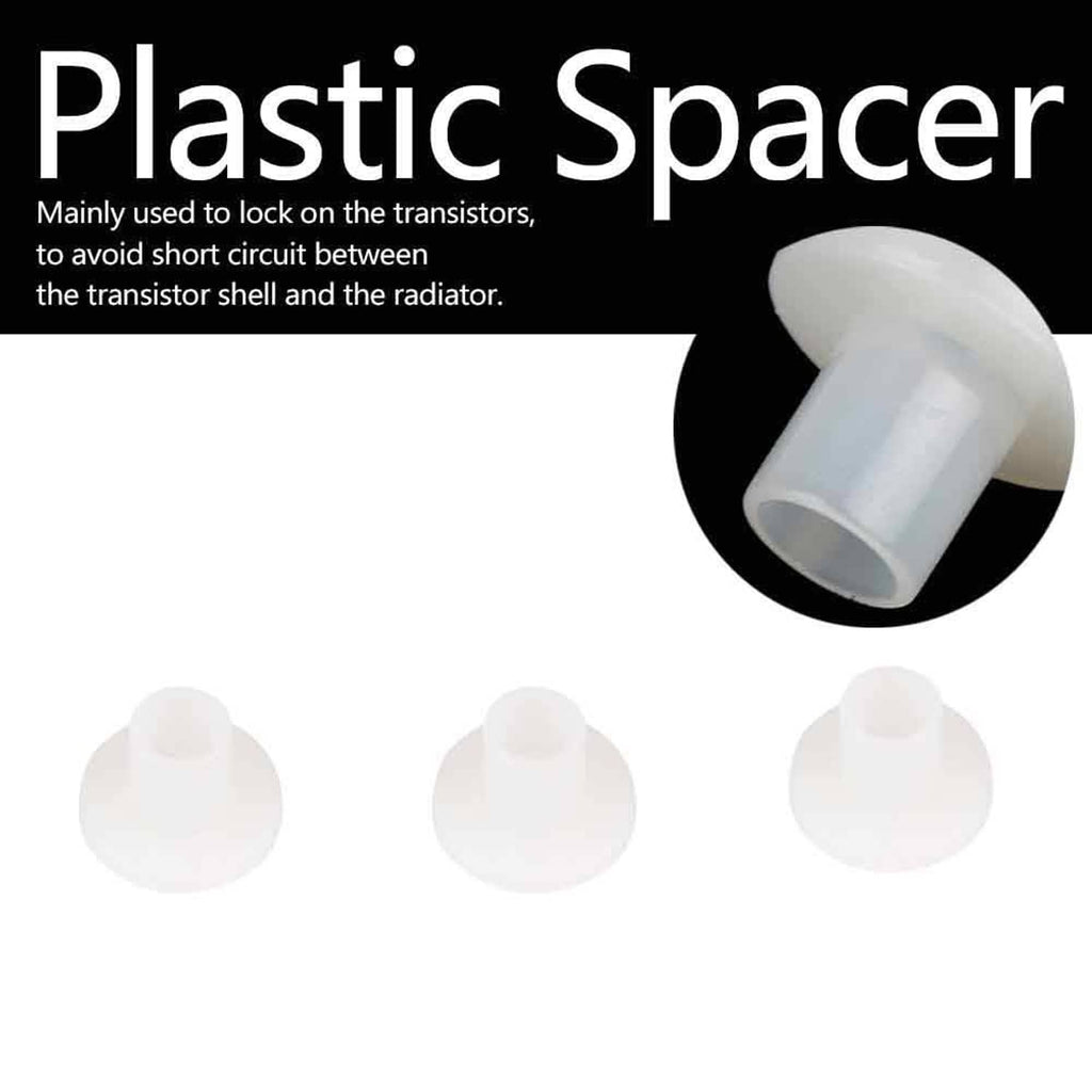 White insulated plastic spacer bushings with round base and open center hole (3 pcs)