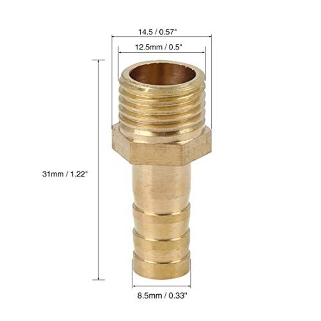 Brass 1/4 in NPT male hose barb fitting connector with labeled dimensions