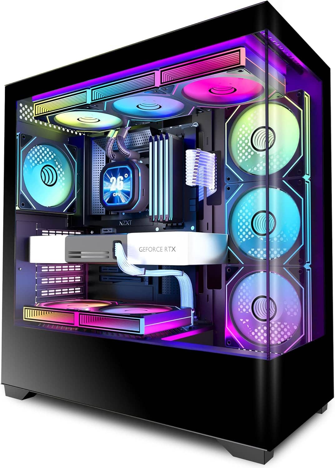 Black mid-tower PC case with open tempered-glass side and RGB ARGB fans