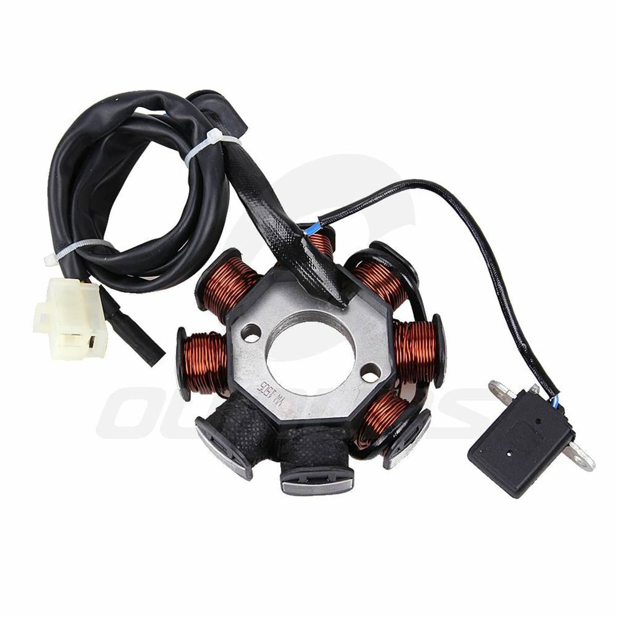 8-coil scooter stator magneto with black cables, copper coils, and mounting grommets