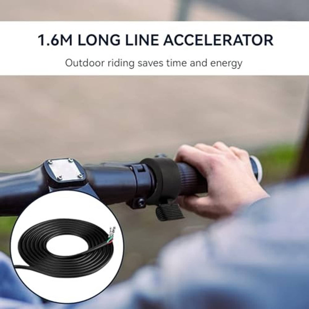 Thumb throttle accelerator with long cable, hand gripping black control housing