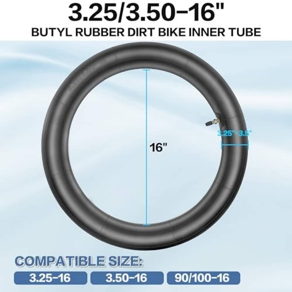 Black butyl rubber dirt bike inner tube, 16 in size, loop with valve stem