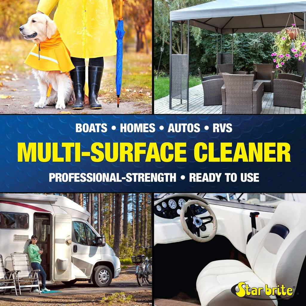 Multi-surface cleaner spray bottle promoting use on boats, homes, autos, and RVs