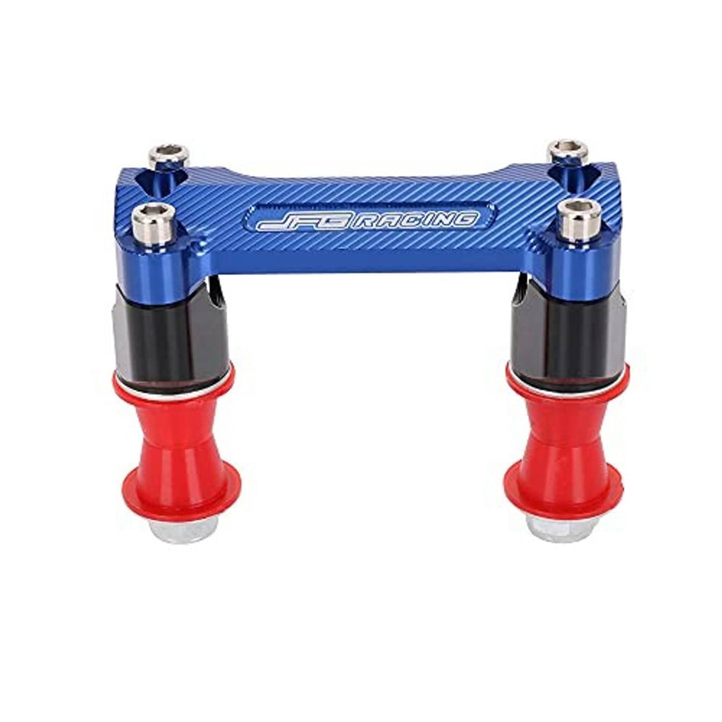 Blue CNC handlebar riser clamp with black mounting blocks, red spacers, and 4 silver bolts