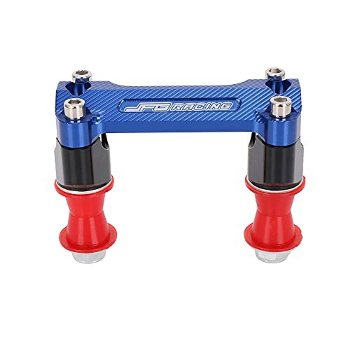 Blue CNC handlebar riser clamp with black mounting blocks, red spacers, and 4 silver bolts