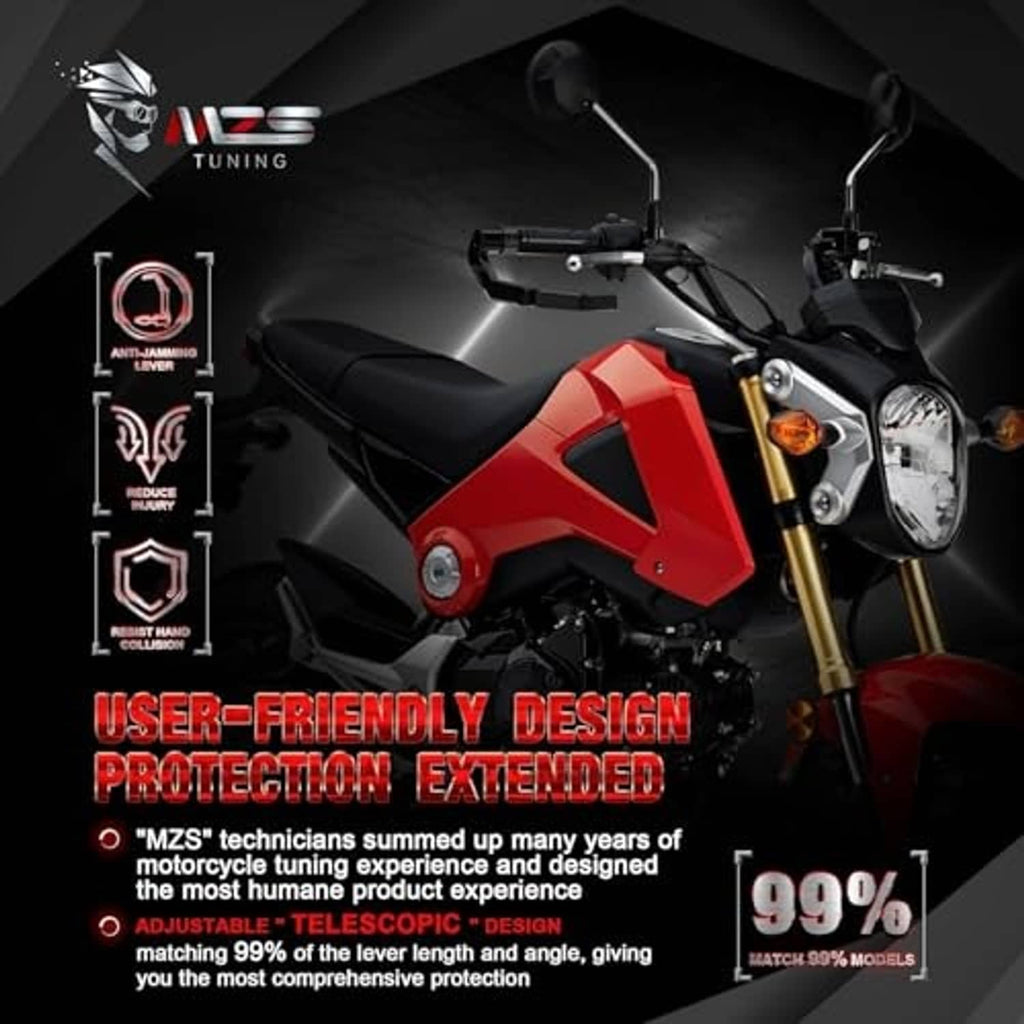 Motorcycle lever guards installed on red handlebar, black metal protection and grips