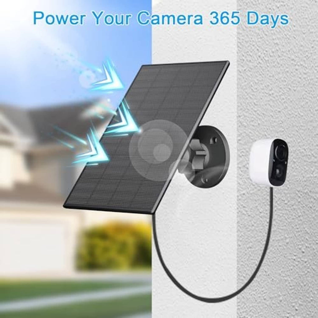 Outdoor solar panel with wall mount and power cable charging a security camera