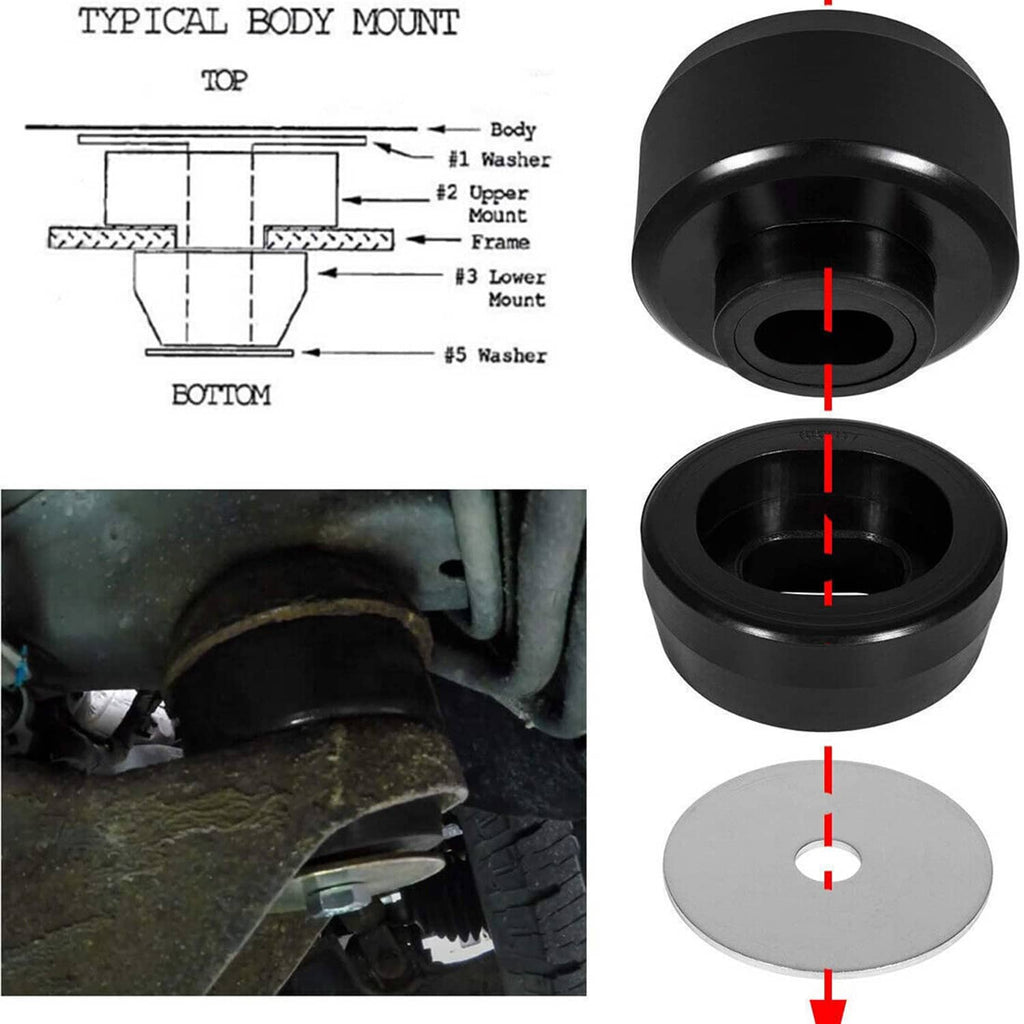Black rubber mount bushing with gray washer disc, shown in typical body mount