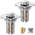 Pop-up sink hair catcher with copper-toned square mesh and chrome top plate