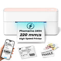 Pink-and-white shipping label printer with 4x6 labels and smartphone printing preview