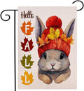 Hello Fall rabbit garden flag with 'Hello' autumn letters, leaves, and hanging hook