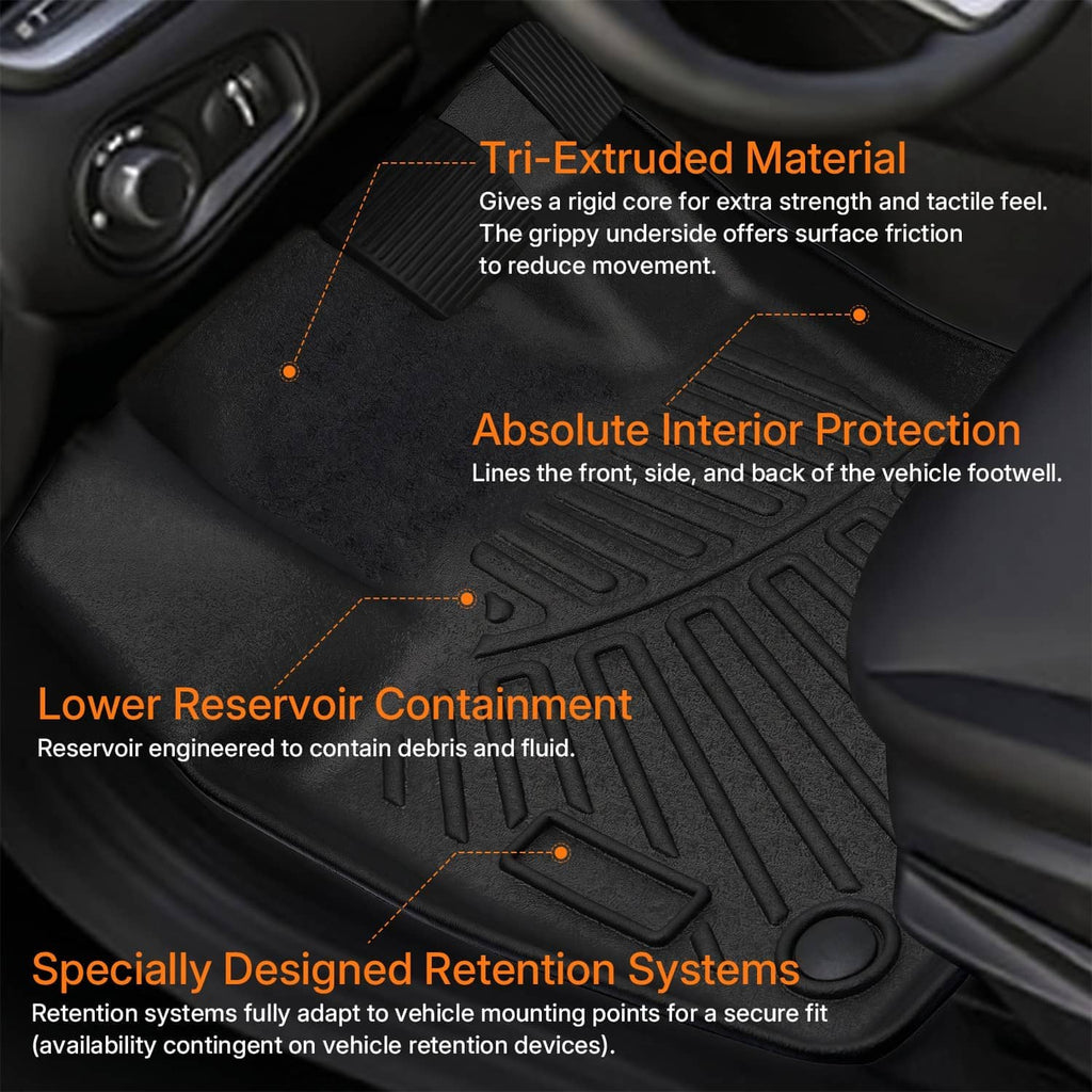 Black TPE floor mat with molded tread pattern and raised perimeter containment