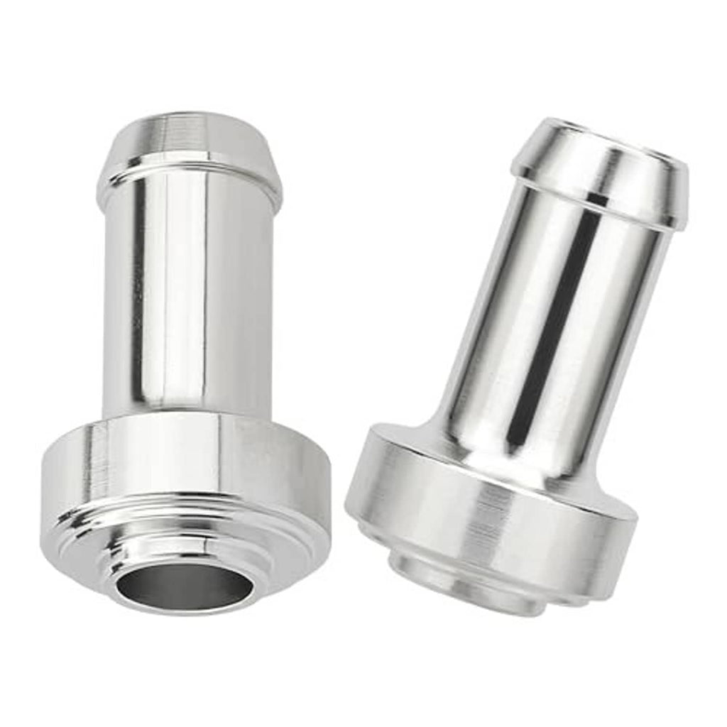 Silver weld-on hose barb fitting adapter with two ends, polished metal surface