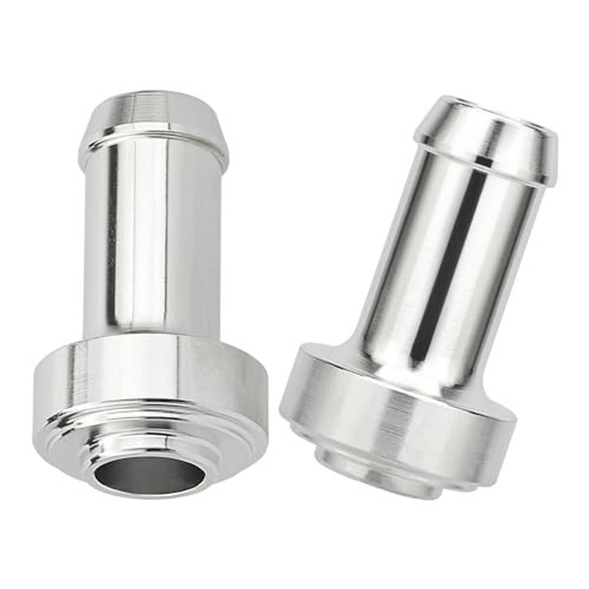 Silver weld-on hose barb fitting adapter with two ends, polished metal surface
