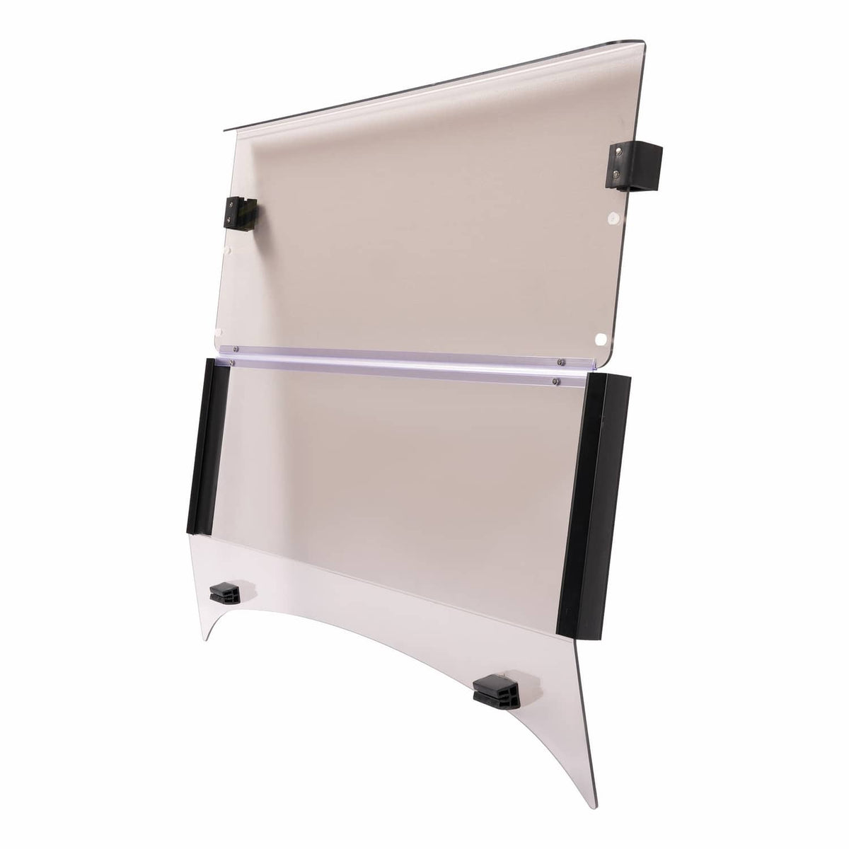 Fold-down tinted windshield panel with mounting brackets and clear smoke glass