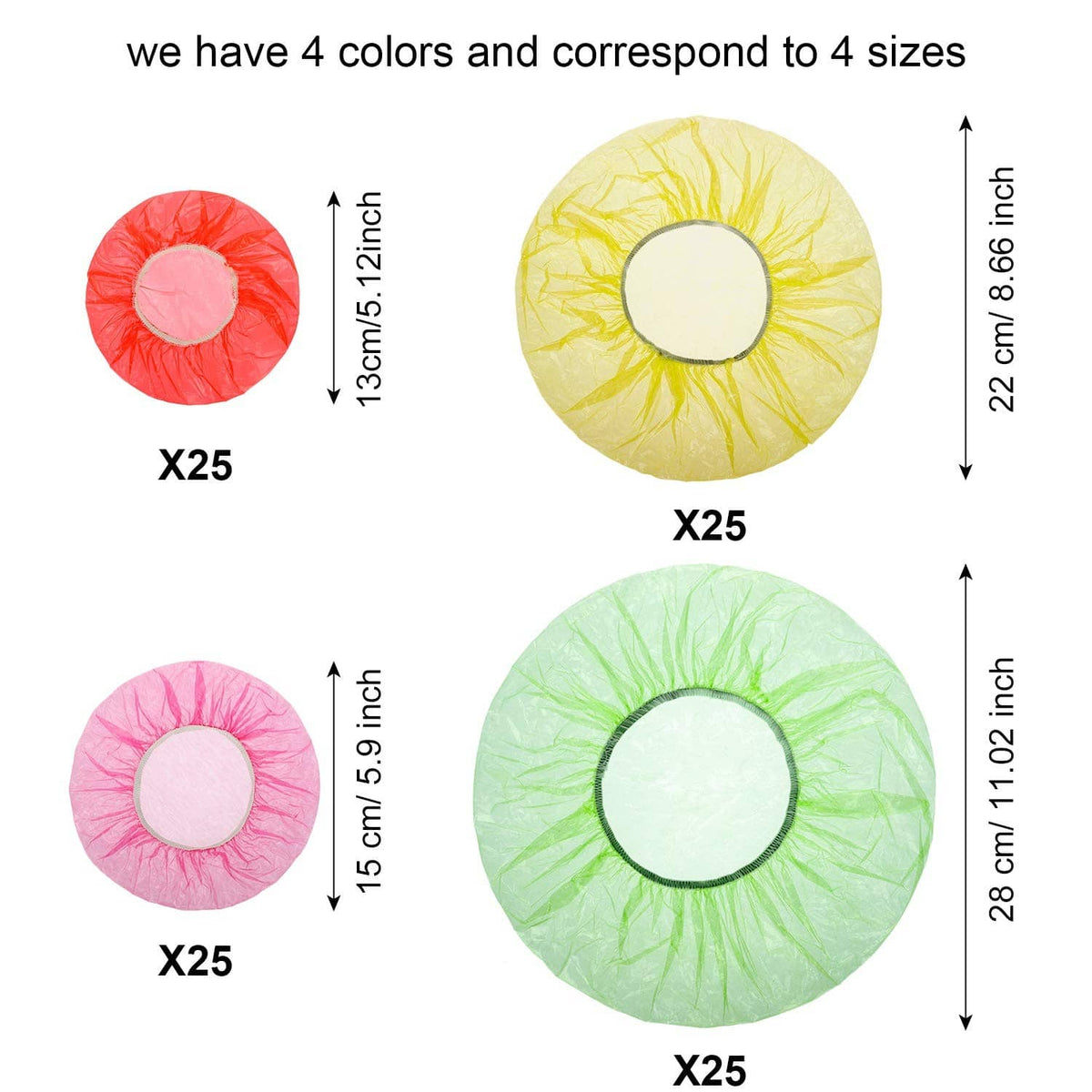 Reusable elastic food covers, 4 sizes in red, pink, yellow, and green, 25 each