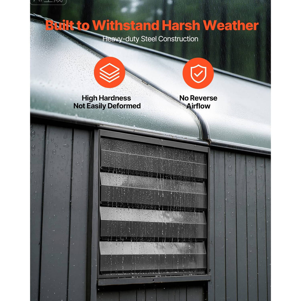 Wall-mounted exhaust fan with louvered vent panel under rain and splash protection