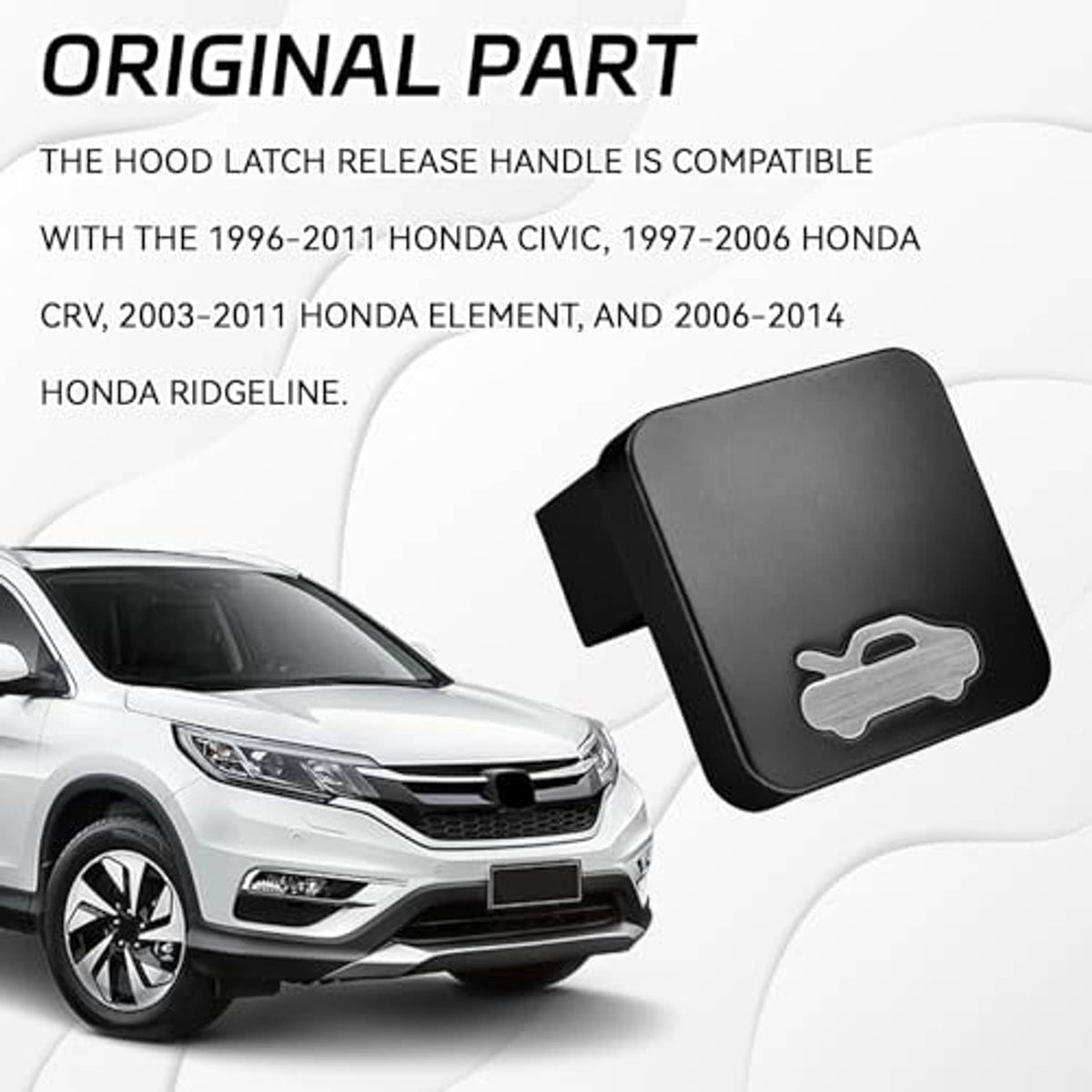 Black hood latch release handle with silver hood-release icon, angled view