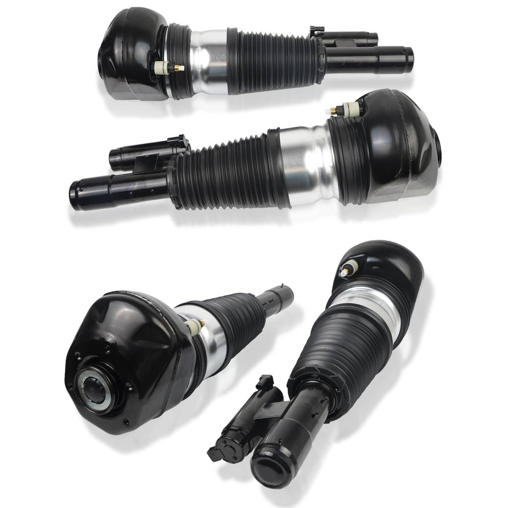Pair of front air suspension struts: black bellows, silver center tube, side angle