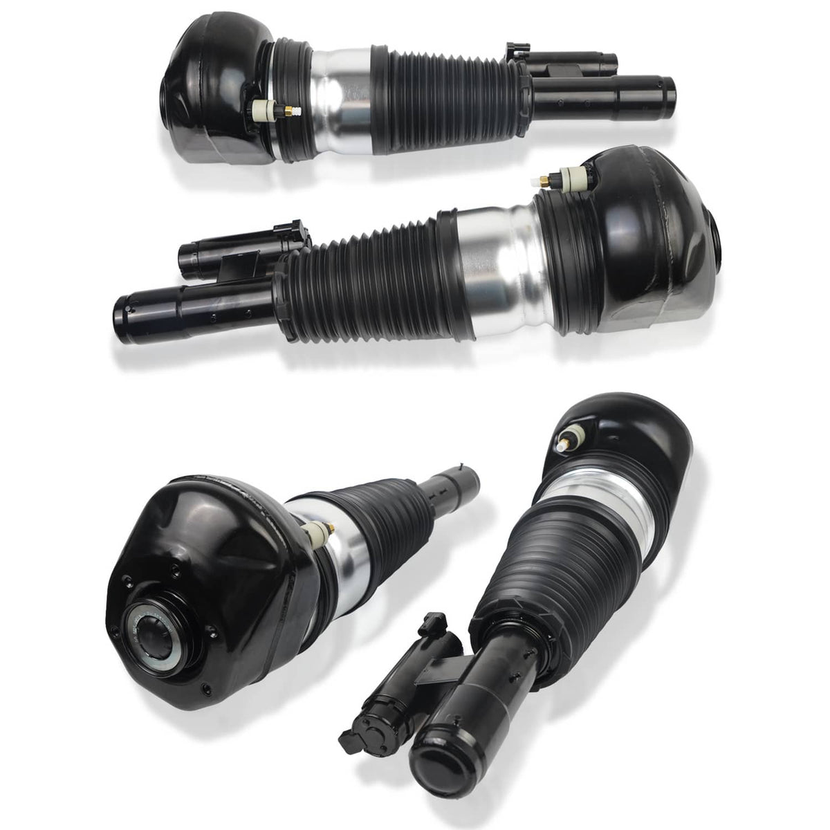 Pair of front air suspension struts: black bellows, silver center tube, side angle