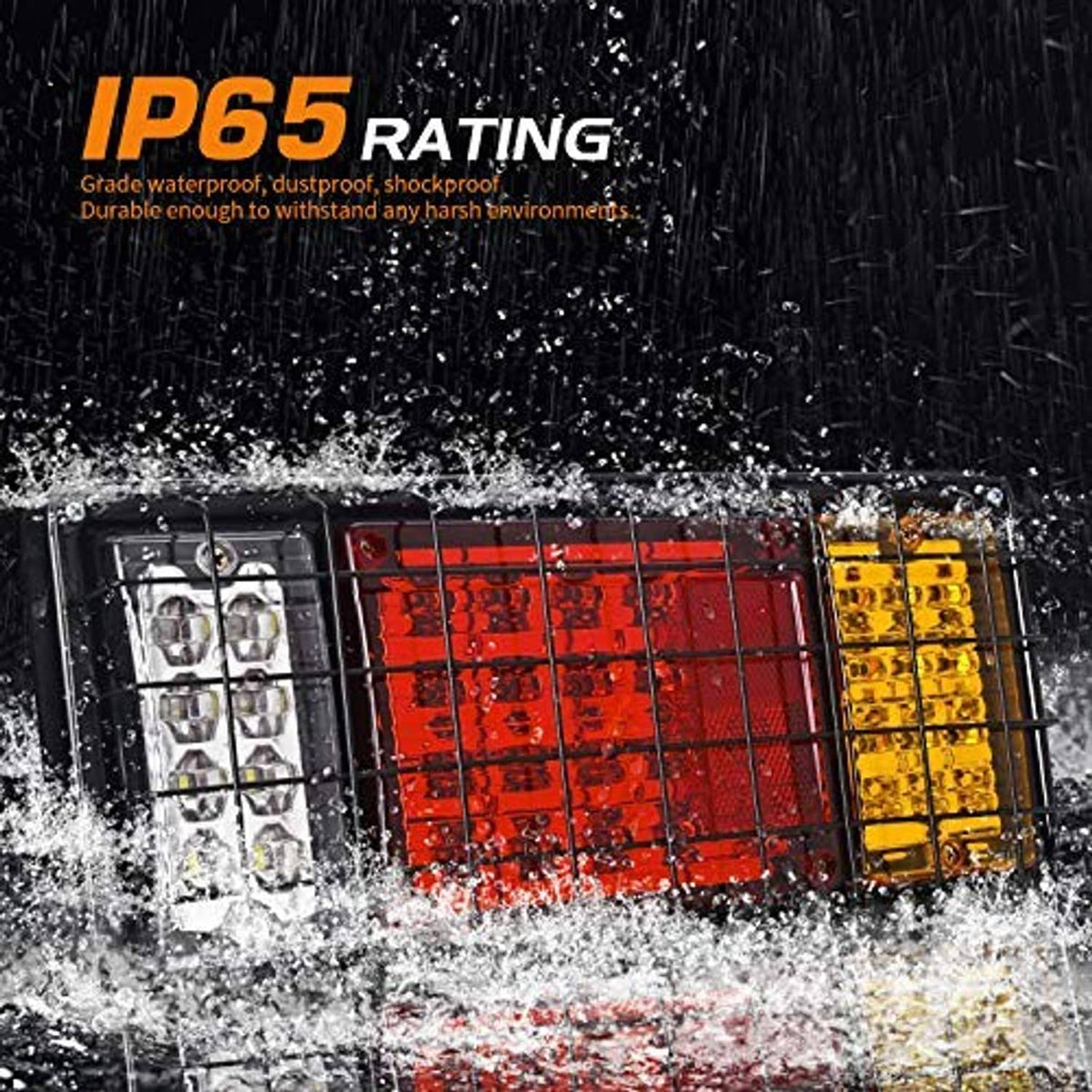Waterproof LED tail light bar with amber, red, and white lenses under water spray