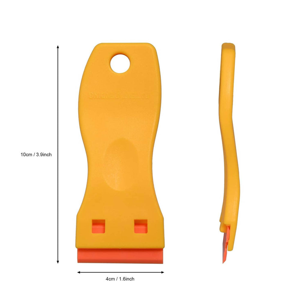 Yellow plastic razor scraper tool showing size: 10 cm length, orange blade edge