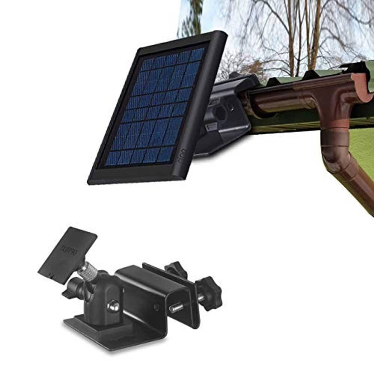 Black gutter mount holding a solar panel with hinge bracket on roof edge