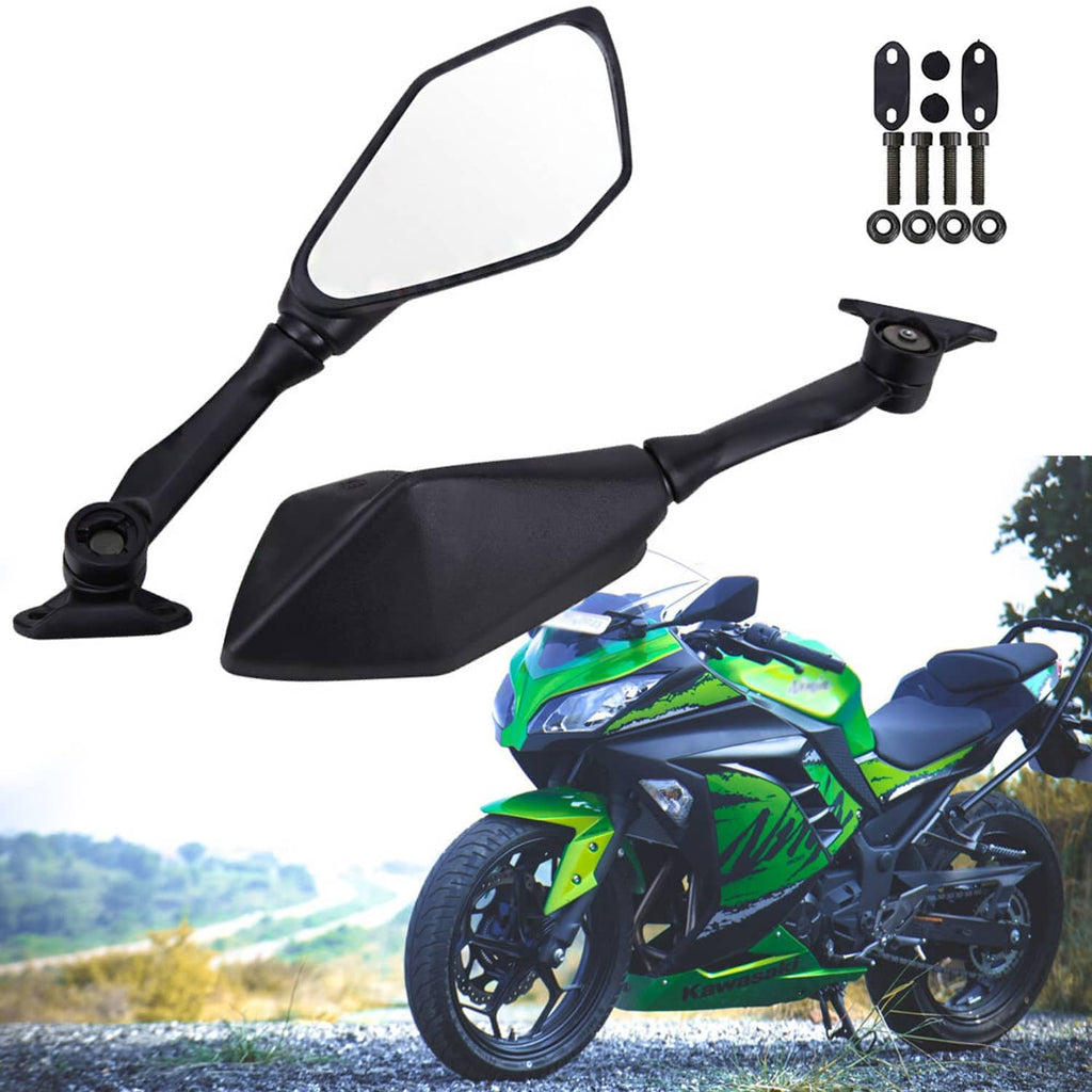 Black motorcycle rearview mirrors with wide rectangular lenses and mounting screw set