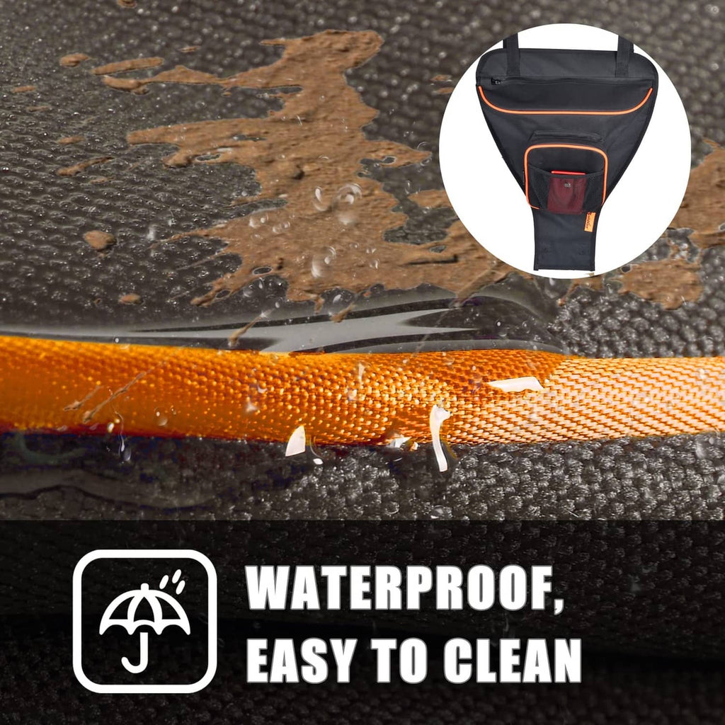 Black seat bag fabric with orange piping, water-beading surface detail