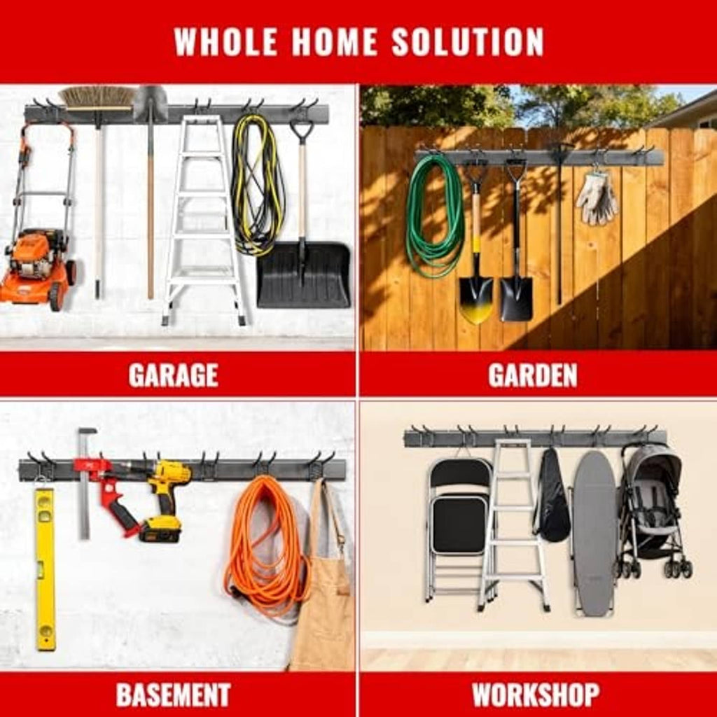 Wall mount storage system for tools with long rail and many hook attachments