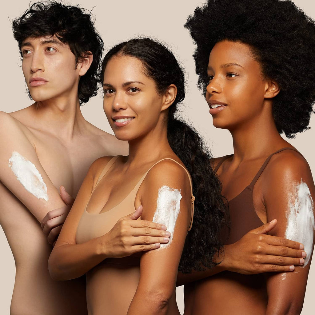 People applying white body butter to skin, product use shown on arms and chest