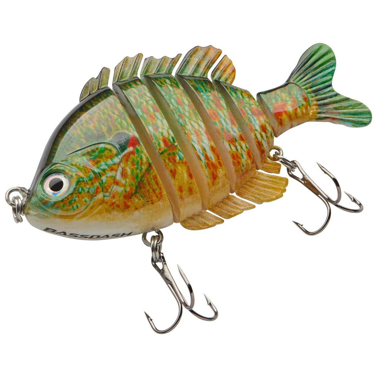Multi-jointed pumpkinseed-pattern swimbait lure in green and orange with three treble hooks