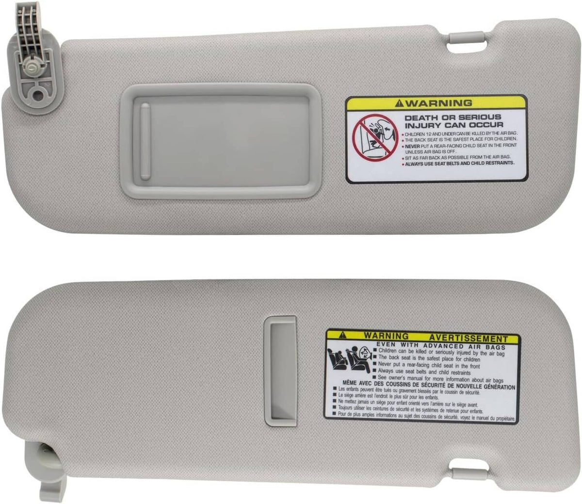 Grey left driver-side sun visor front and back views with mirror area