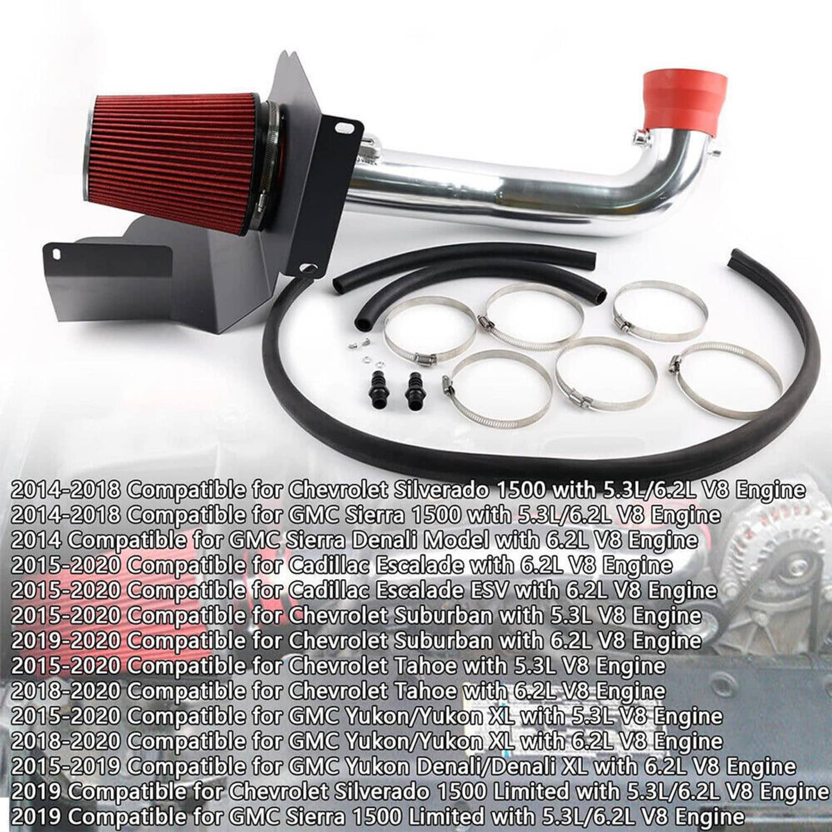 Cold air intake system kit with red cone filter, silver tube, black shield, and hose clamps