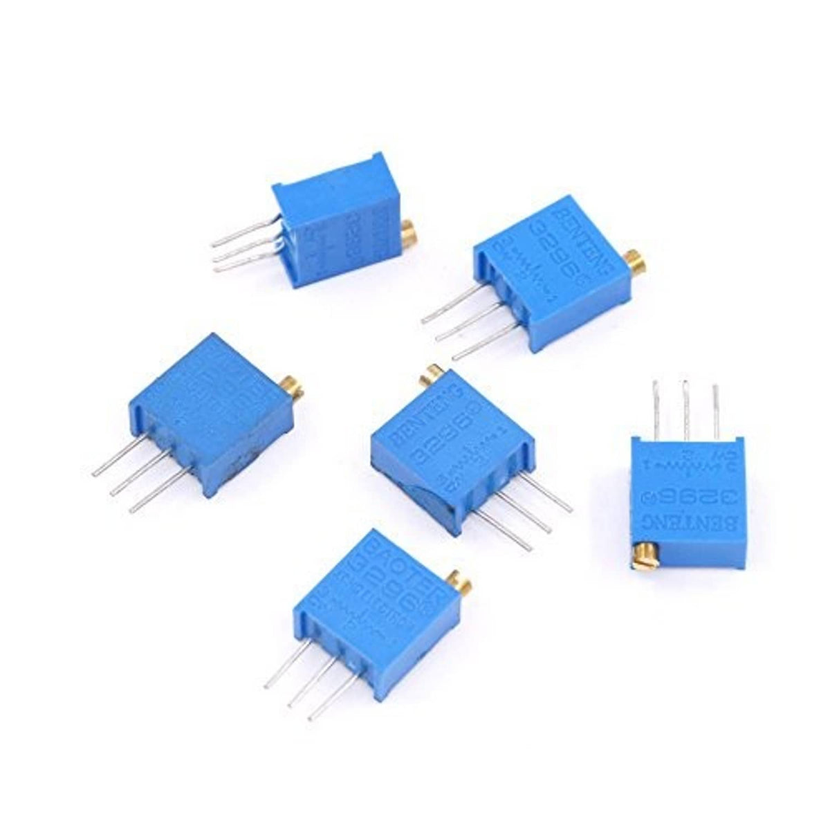 Assorted blue multiturn trimmer potentiometers with three leads, angled view
