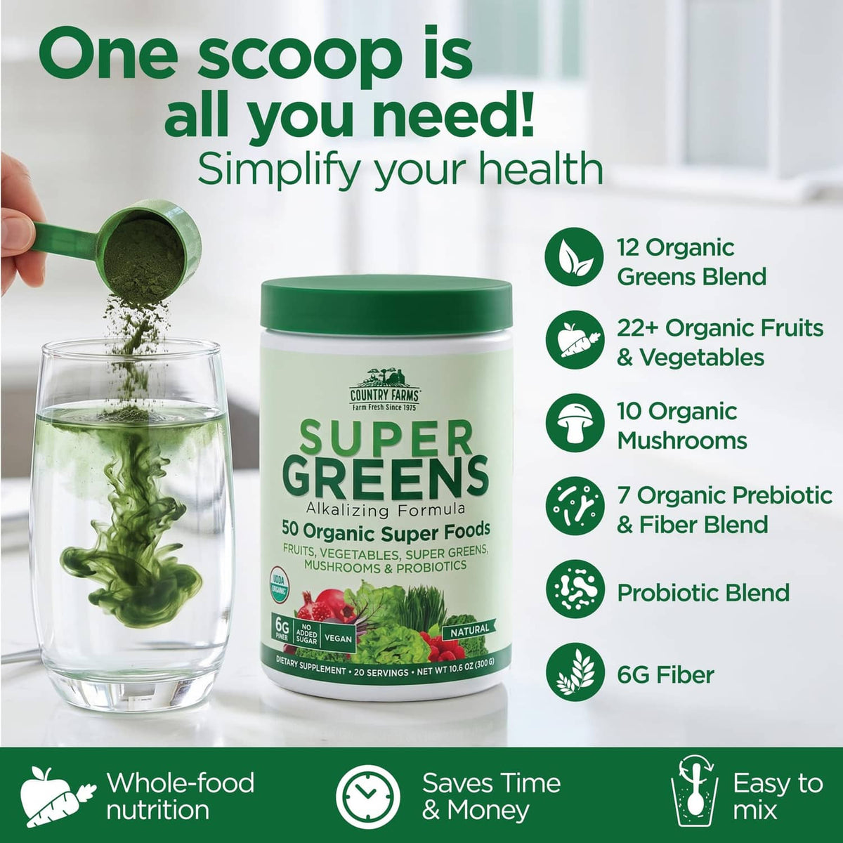 Super Greens container and scoop with glass of green powder, “One scoop” callout