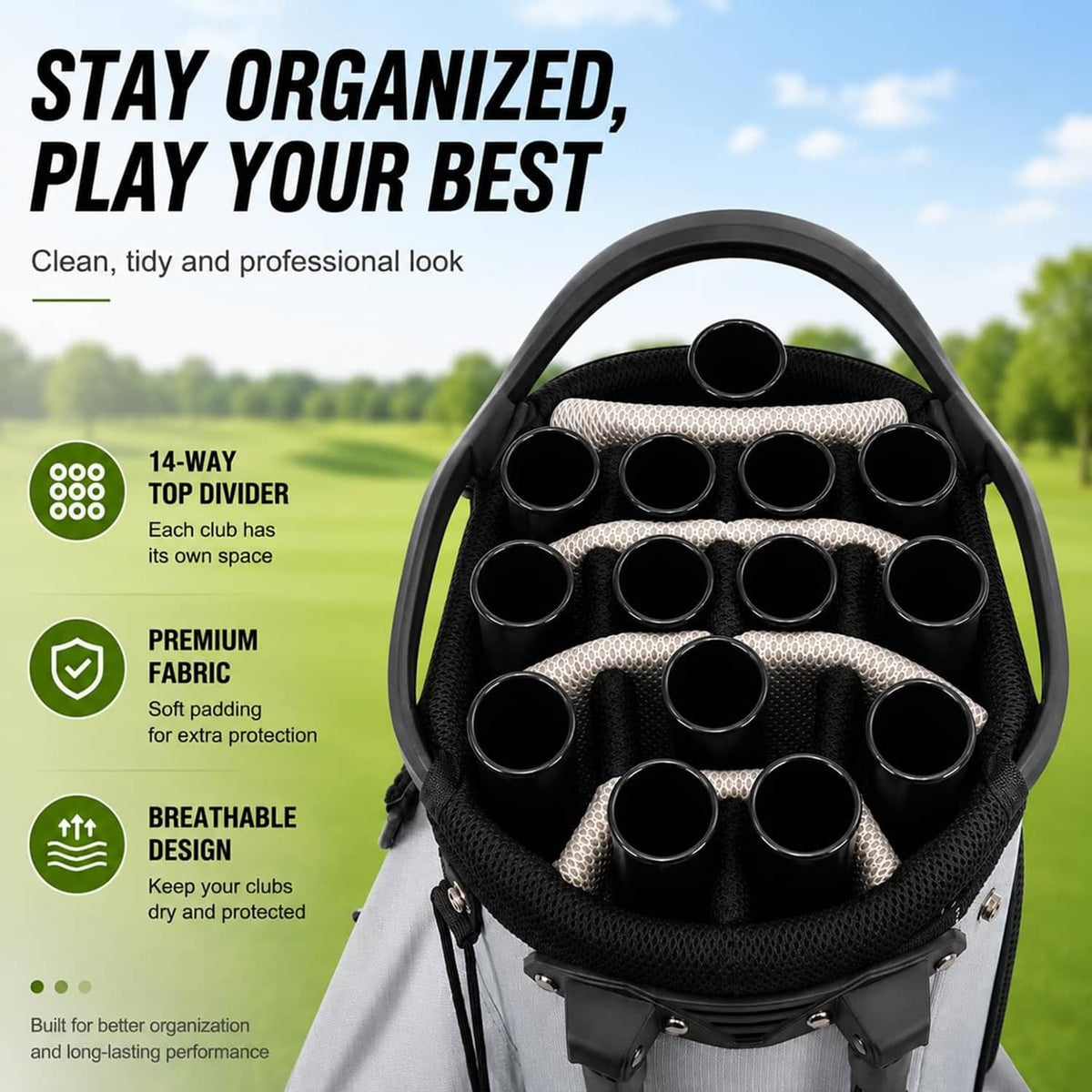 Black plastic golf club tube set in padded 14-way organizer bag insert