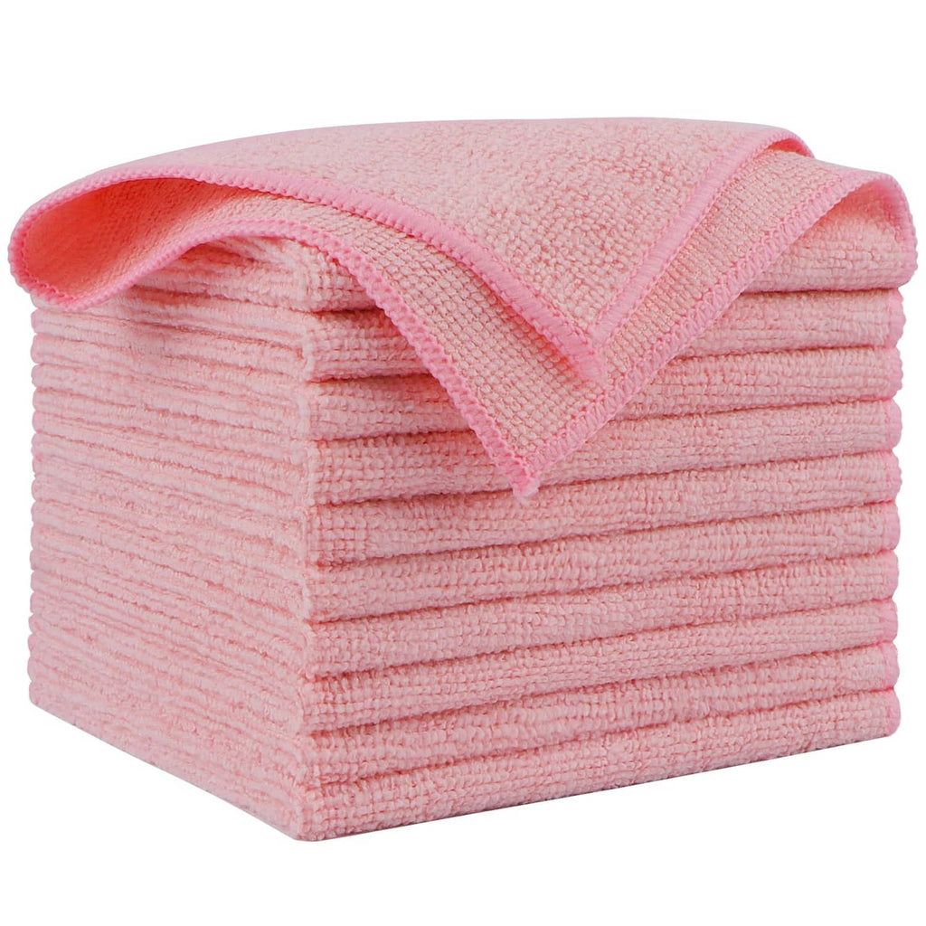 Pink microfiber cleaning cloths, folded 12x12 in stack, lint-free absorbent texture