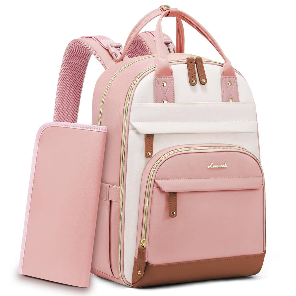 Pink and brown diaper bag backpack with side changing pad and mesh shoulder strap