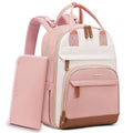 Pink and brown diaper bag backpack with side changing pad and mesh shoulder strap