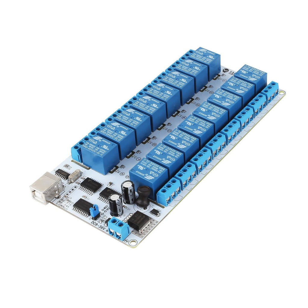Sainsmart 16-channel USB relay module with 16 blue relay terminals and screw blocks