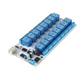Sainsmart 16-channel USB relay module with 16 blue relay terminals and screw blocks