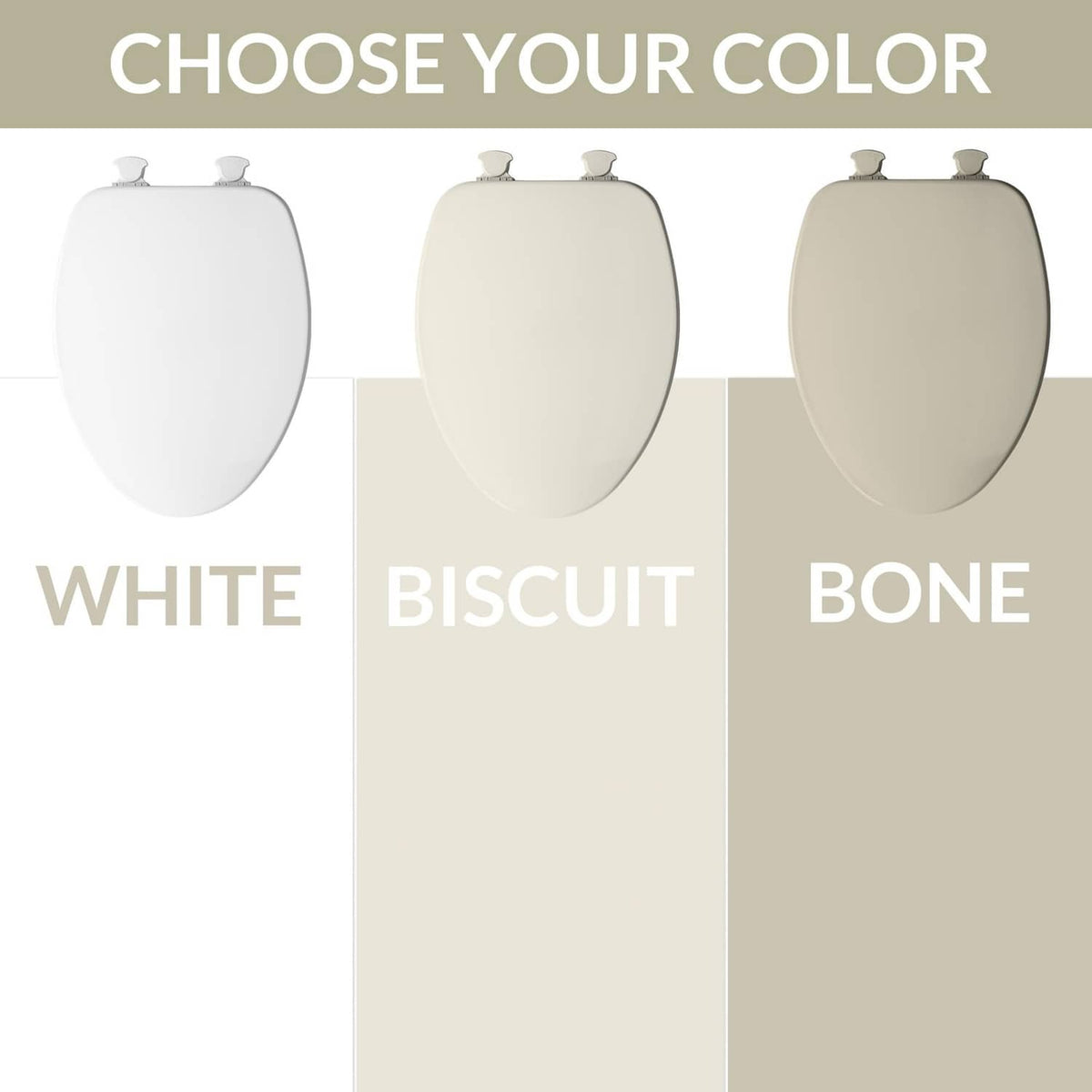 Round toilet seat options in white, biscuit, and bone finishes shown side by side