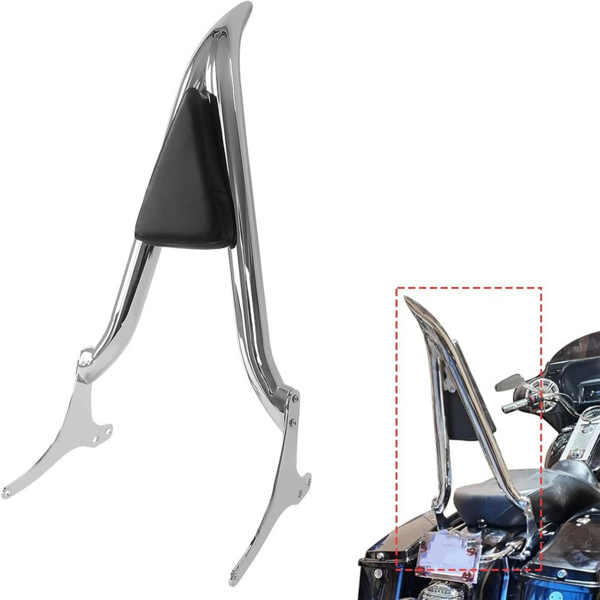 Chrome sissy bar backrest bracket with black backrest pad for motorcycle saddle