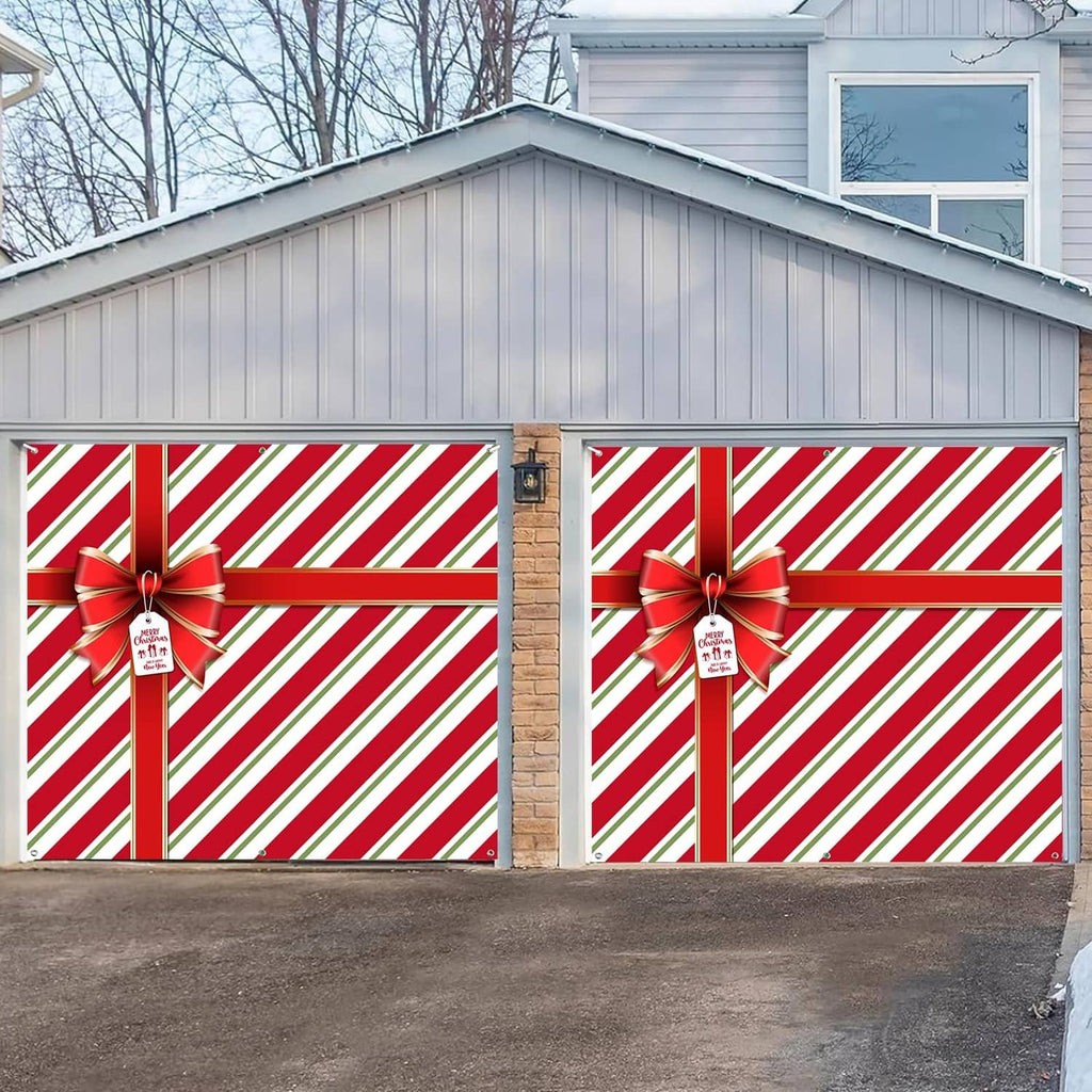 Two red and green striped garage door covers with matching bow and gift tag