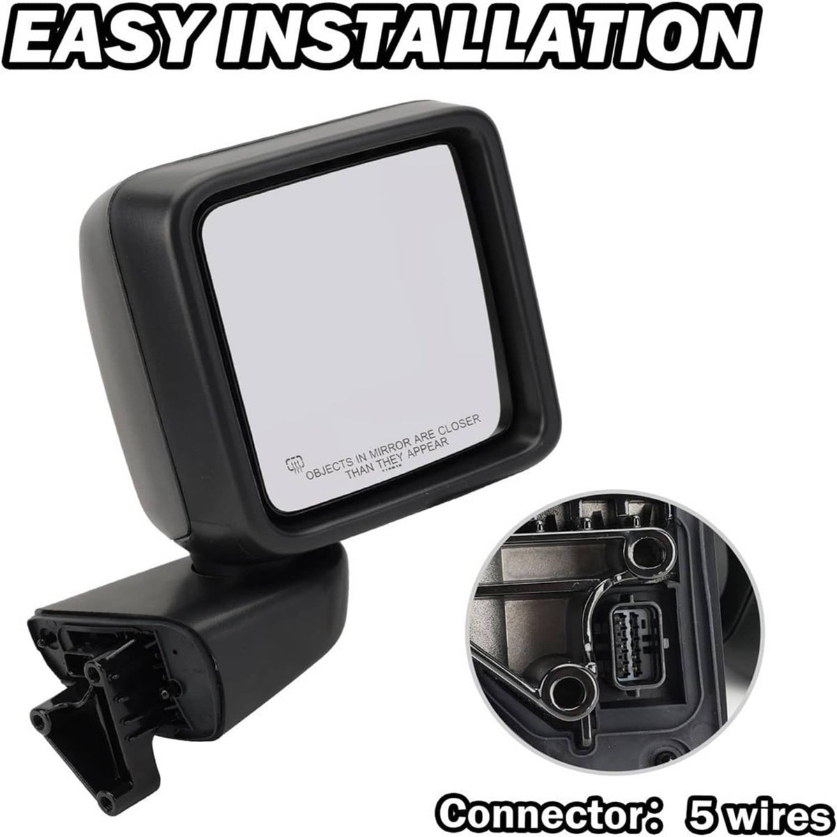 Black heated power side mirror with wiring connector detail and mounting base.