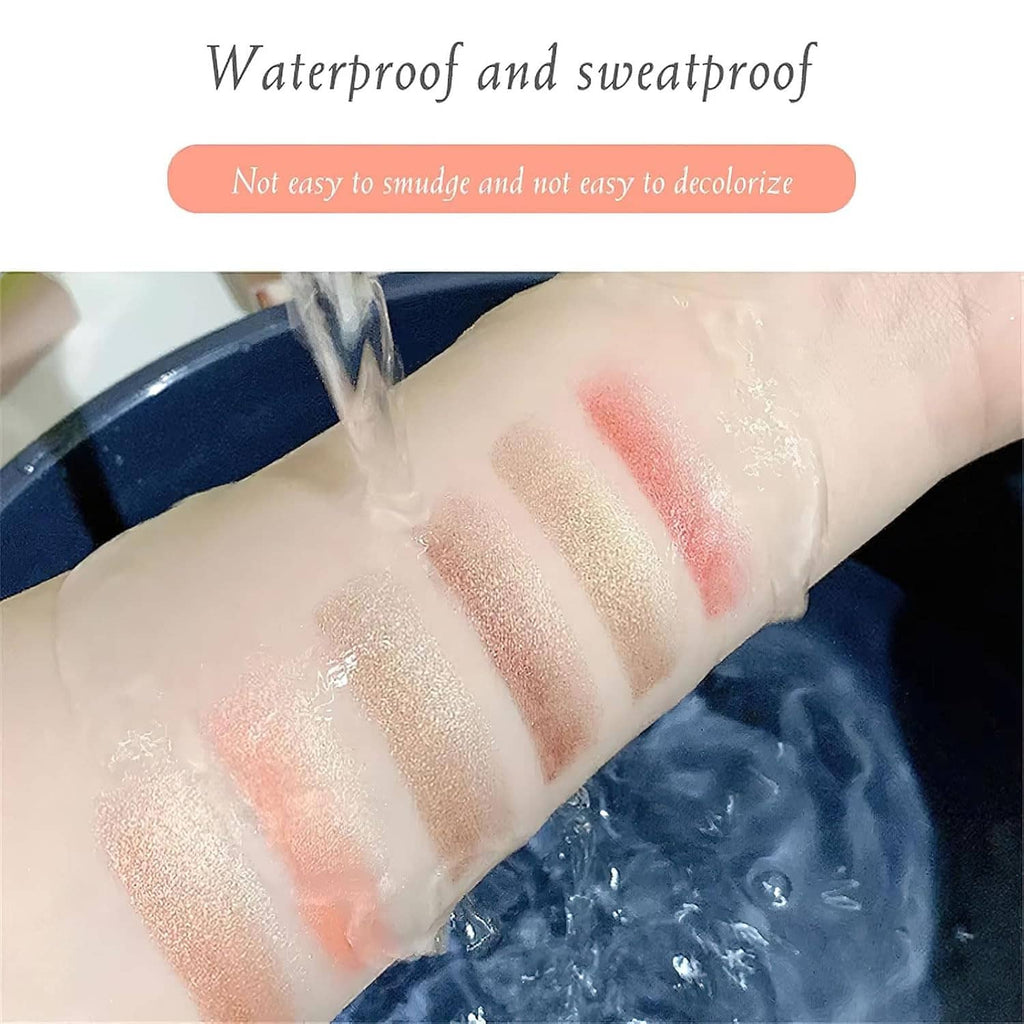 Glitter eyeshadow swatches on skin in light pink, brown, and peach tones
