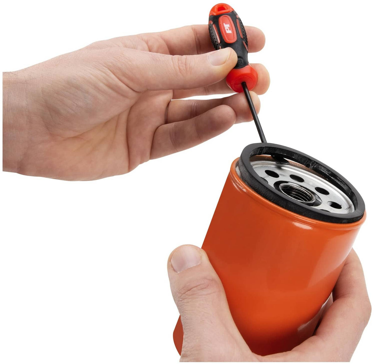 Red-and-black hook pick tool held near an orange oil filter canister