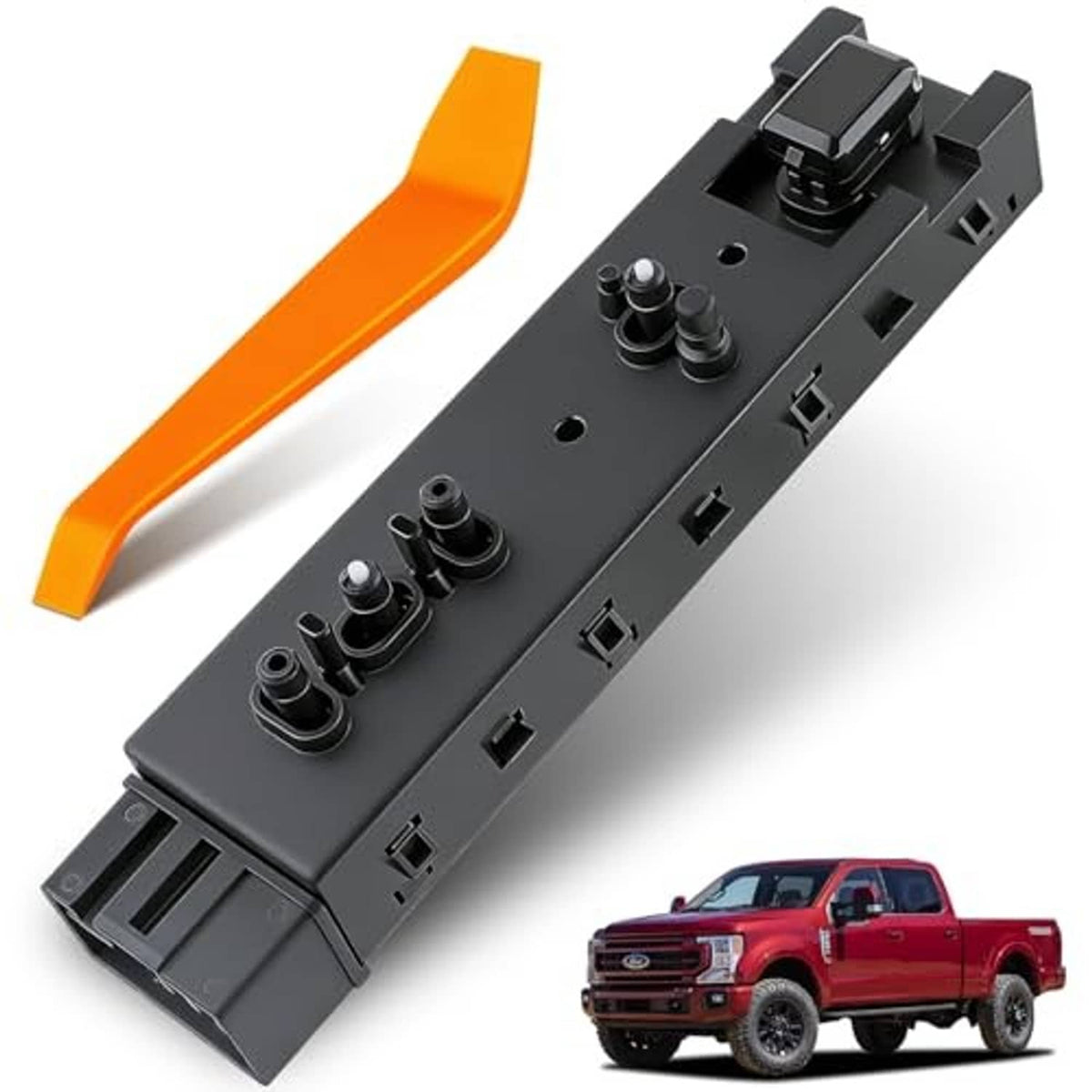 Black power seat adjustment switch with orange lever and side-by-side control buttons